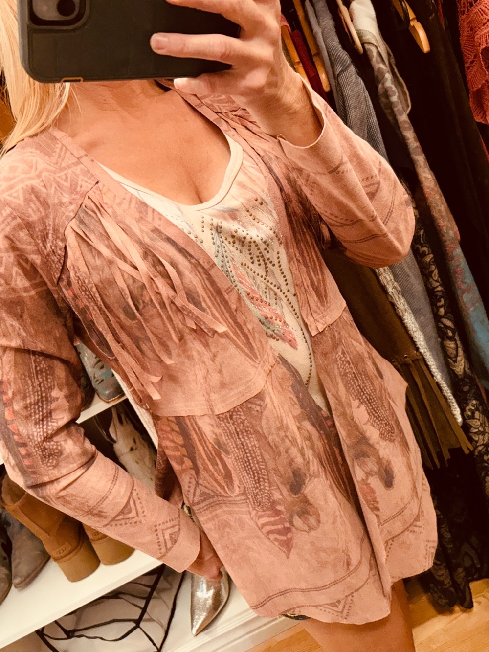Vocal Fringe Open-Front Cardigan Jacket with beautiful feather design and fringe